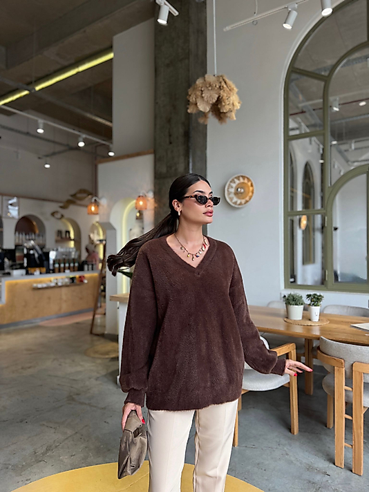 Oversize ,Yumuşak Standart Beden Kahve Kazak 2026