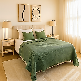 Waffle %100 Pamuk Yatak Örtüsü Haki Yeşili Renk Çift Kişilik 230x250 cm