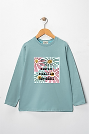 Kız Çocuk Uzun Kollu Bisiklet Yaka "Kuran Hayatın Rehberi" Baskılı Tişört Mevsimlik Pamuklu