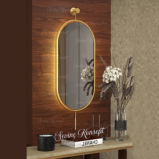 Led'li Gold Serenity Ayna 40 x 82 Cm, Dekoratif Duvar Salon Mutfak Banyo  Makyaj Aynası