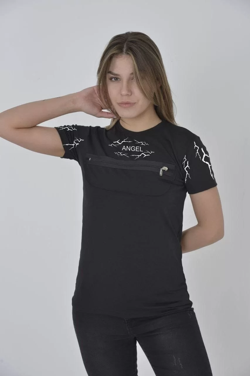 Unisex Göğüs Fermuarlı Baskılı T-Shirt - Siyah