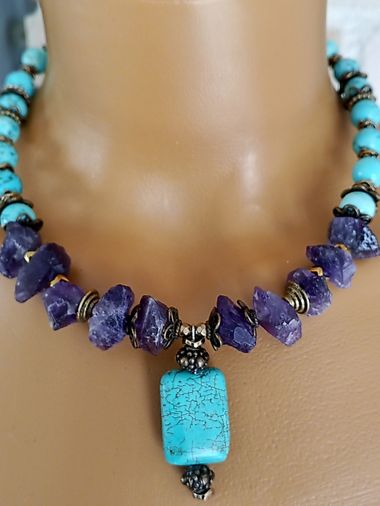 TURKUAZ VE AMETİST KISA KOLYE