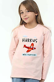 Kız Çocuk Uzun Kollu Bisiklet Yaka "Hürkuş Biz Yaptık" Baskılı Tişört Mevsimlik Pamuklu