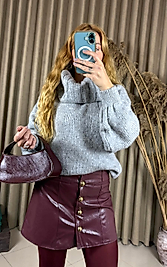 Gold Düğmeli Parlak Suni Deri Etek - Bordo