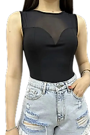 Tül Detaylı Dalgıç Bluz-SİYAH