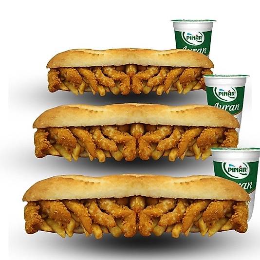 3'lü Tam Ekmek Arası Çıtır Tavuk & Patates + 3'lü Ayran İçecek  Menü