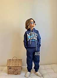 Sport Style Büyük Baskılı Kapüşonlu 3 İp Şardonlu Çocuk Eşofman Takımı – Lacivert