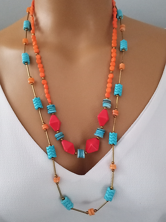 YAZ İÇİN TURKUAZ,SEDEF ÜÇLÜ KOLYE