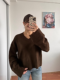 V yaka triko kazak -kahverengi