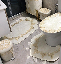 Krem Rengi Gold Detaylı Çamaşır Sepeti Takımı Ve Paspas Takımı
