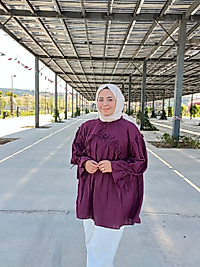 Çiçek Detaylı Keten Gömlek Bordo