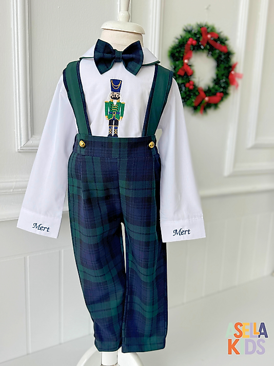 Erkek Çocuk Yeşil Ekose Salopet Takım - Kurşun Asker Nakışlı