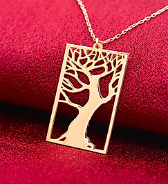 14K Altın Kaplama / Gümüş Dikdörtgen Çerçeveli Hayat Ağacı Kolye