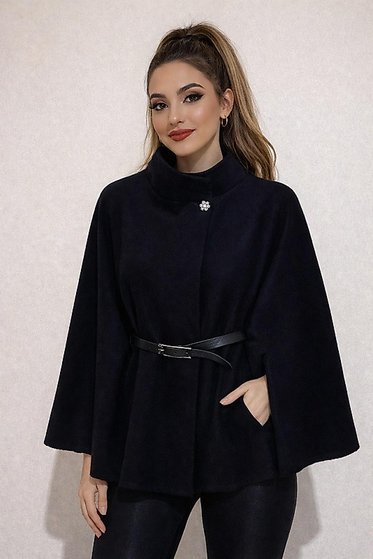 SİYAH Kemerli Kaşe Panço