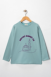 Kız Çocuk Uzun Kollu Bisiklet Yaka "Haydi Camiye"  Baskılı Tişört Mevsimlik Pamuklu