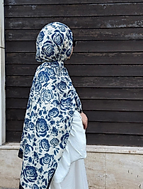 PAMUKLU SOFT ROZA DESEN ŞAL- KREM LACİVERT