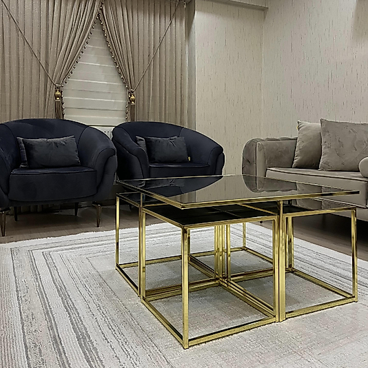 PARLAK GOLD KARE 4+1 PİZZA ORTA SEHPA KOMPLE BRONZ AYNA