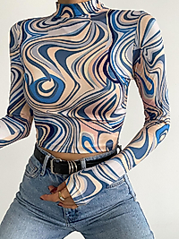 Dijital Desenli Uzun Kollu Crop Bluz Açıkmavi Sarı