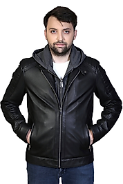 Danny Hakiki Deri Erkek Siyah Kapüşonlu Ceket-Mont