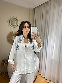 HAM KETEN TAŞ İŞLEMELİ GÖMLEK BEYAZ