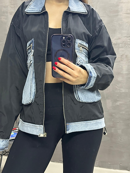 Denim cepli Garnili paraşüt Siyah paraşüt ceket