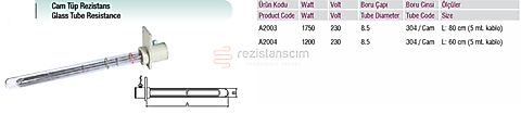 Kablolu Cam Tüp Rezistans L:60cm 5Mt 1200Watt