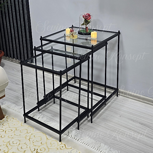 3 lü Vera Black Şeffaf Camlı, Çok Amaçlı Metal Zigon Yan Sehpa