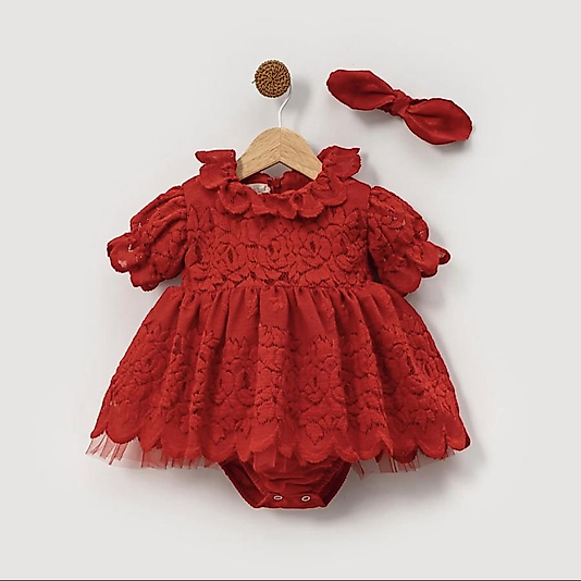 Dora Gül Desenli Dantel Kız Bebek Romper Kırmızı