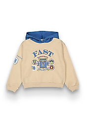 Erkek Çocuk Kapüşonlu Fast Baskılı Sweat Krem