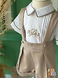 Erkek Çocuk Bej Göğüs İsim Nakışlı Salopet Takım