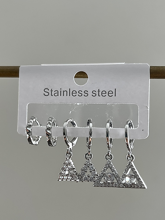 Çelik 6’lı Silver Taşlı Üçgen Küpe