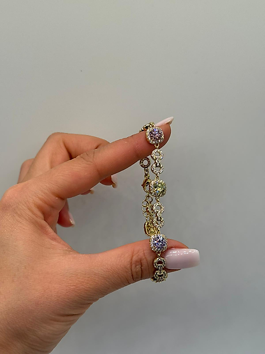 XUPİNG Renkli Zirkon Taşlı Yuvarlak Modül VIP Çelik Bileklik – 14K Altın Renk