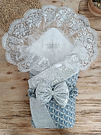 Yenidoğan Piramit Desenli Güpür İşlemeli Bebek Battaniyesi Kundak Gümüş