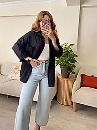 Siyah Oversize Keten Gömlek