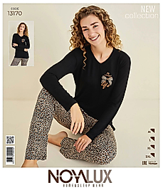 Siyah Baskılı V Yaka Üst & Leopar Desenli Alt Kadın Pijama Takımı -Noya 13170