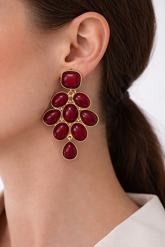 Bordo Taşlı Gösterişli Damla Detaylı Kadın Küpe