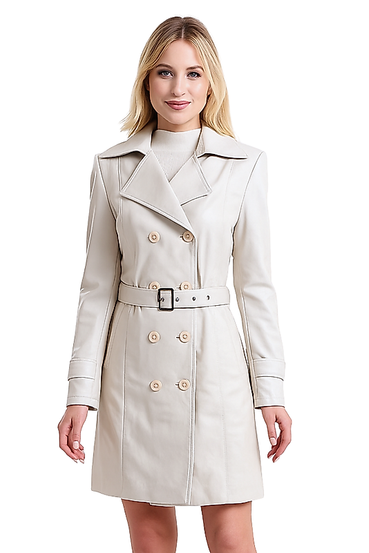 Nicole Hakiki Deri Kadın Ekru Trençkot