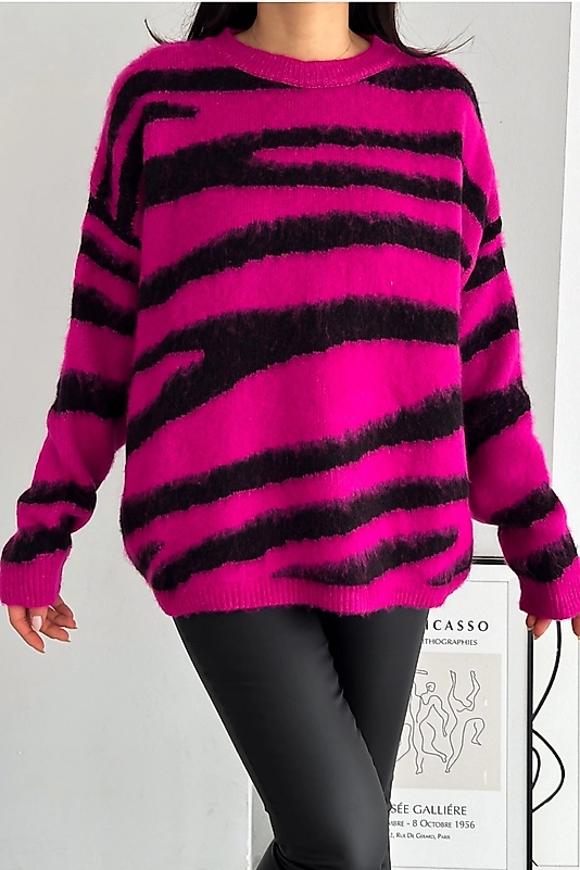 Fuşya Zebra Desen Geniş Kalıp Triko Kazak