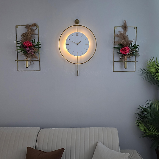 VİP SET 3'LÜ GOLD Tiktok Kristal, Çiçeklikli Modern Dekoratif Sarkaçlı Metal Duvar Saati