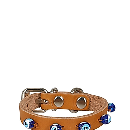 Cattie Gerçek Deriden El Yapımı Boncuklu Kedi Boyun Tasması 1x14-18cm - Camel