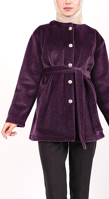 Dügmeli Beli Baglamali Kürklü Ceket Mürdüm Renk