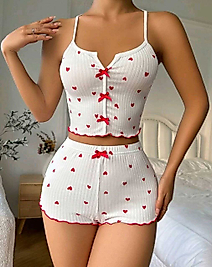 Kırmızı Kalpli Fiyonk Detaylı Fitilli Pamuklu Şortlu Takım