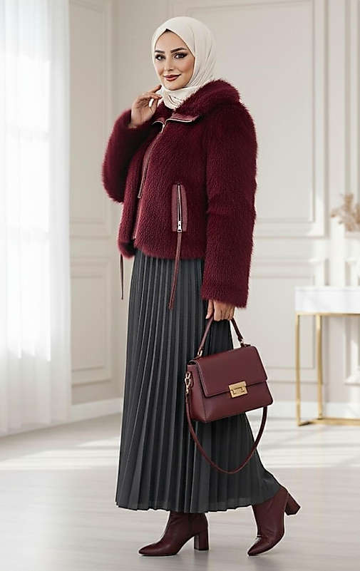 Deri Garnili İçi Astarlı Femuarli İp Detayli Kürk Mont Bordo Renk