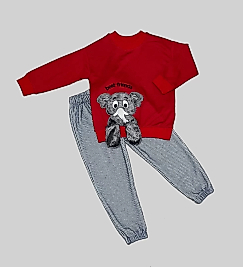 1-2-3 Yaş Filli Sallanan Ayak Desenli Likra Penye Kumaş Sweat Pantolonlu Kız Erkek 2li Çocuk Takımı Kırmızı