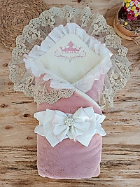 Yenidoğan Wool Yün Kumaş Taç Nakışlı Güpür Duvaklı Fiyonk Prizma Taş Unisex Kundak Bebek Battaniyesi Pembe