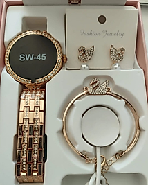 SW45 Taşlı Tasarım Küpe Ve Bileklik Hediyeli Akıllı Saat Watch