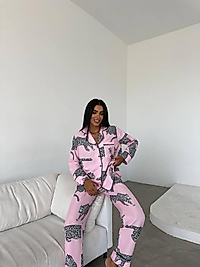 Pembe Leopar Desenli Pamuklu Kadın Pijama Takımı