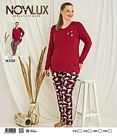 Büyük Beden Bordo Kalp Baskılı Üst & Yaprak Desenli Alt Kadın Pijama Takımı -Noya 14320