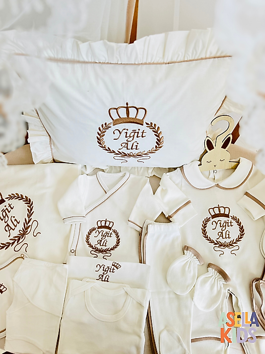 Asellakids 10'lu Yenidoğan Set - Bebeğinizin İsmi ve Çelenk Taç Nakışlı