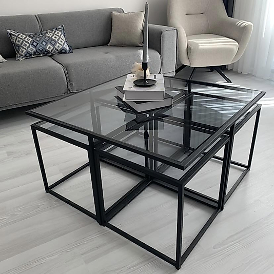 SİYAH KARE 4+1 PİZZA ORTA SEHPA KOMPLE FÜME CAM